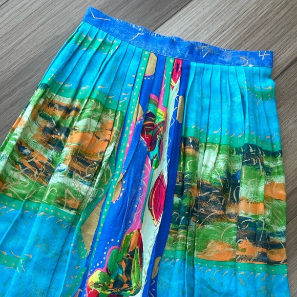 Vintage Blue Yellow Green Pink Colorful Printed High Waisted Midi Skirt - Picture 2 of 12